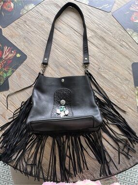 Two Bar West Fringe Black Leather Shoulder Bag